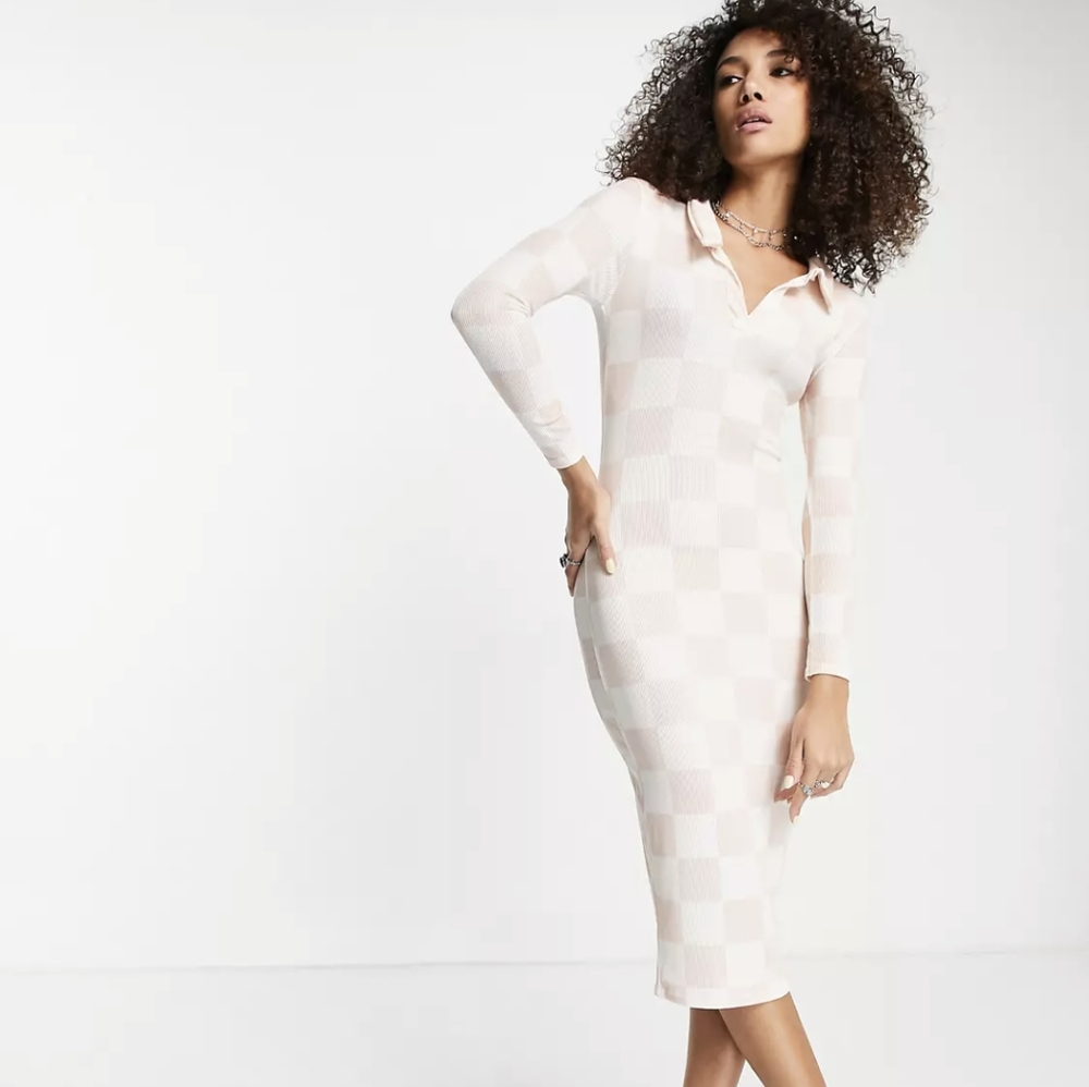 ASOS checkered midi dress in cream and blush pink, NWOT